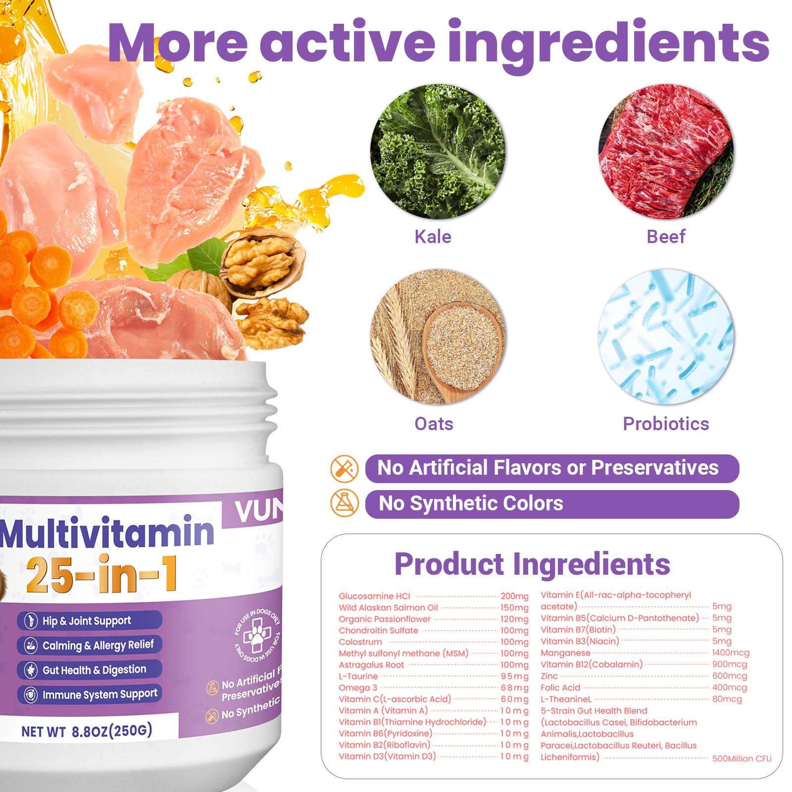 VUN dog multivitamin chew closeup highlights 25-in-1 nutrition.