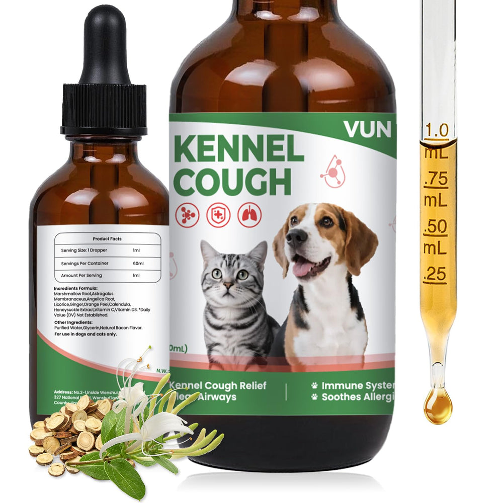 VUN Kennel Cough Drop bottle with bacon flavor for easy daily dosage and pet comfort
