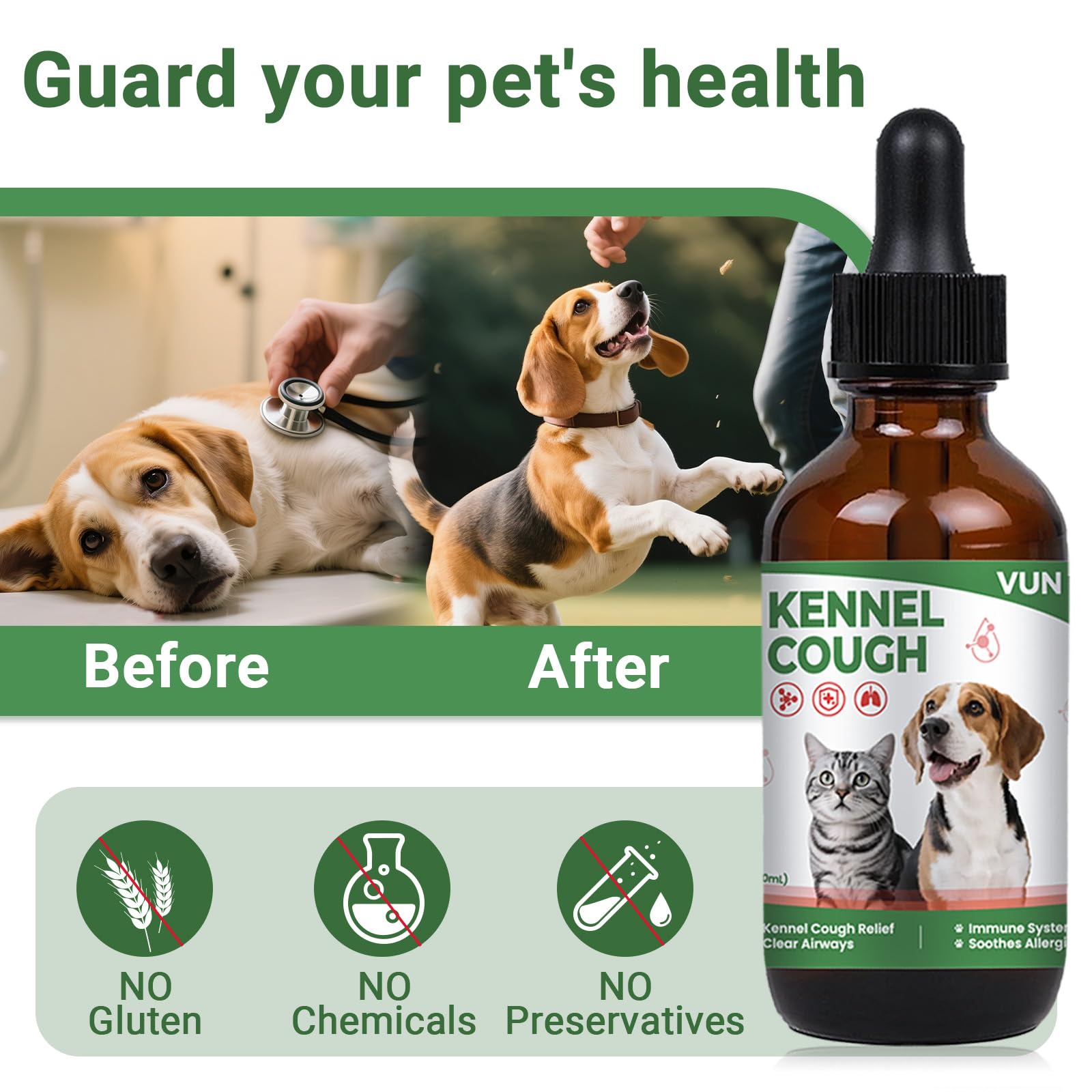 VUN Kennel Cough Drop herbal blend ingredients, including licorice and ginger, support respiratory comfort
