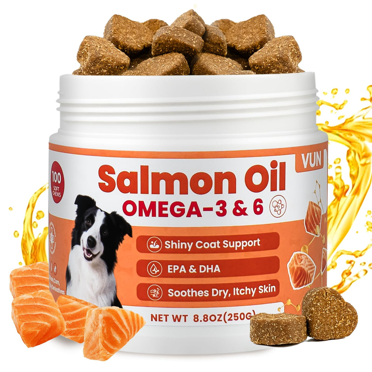 VUN Omega 3 for Dogs bottle pour showing daily coat health support.