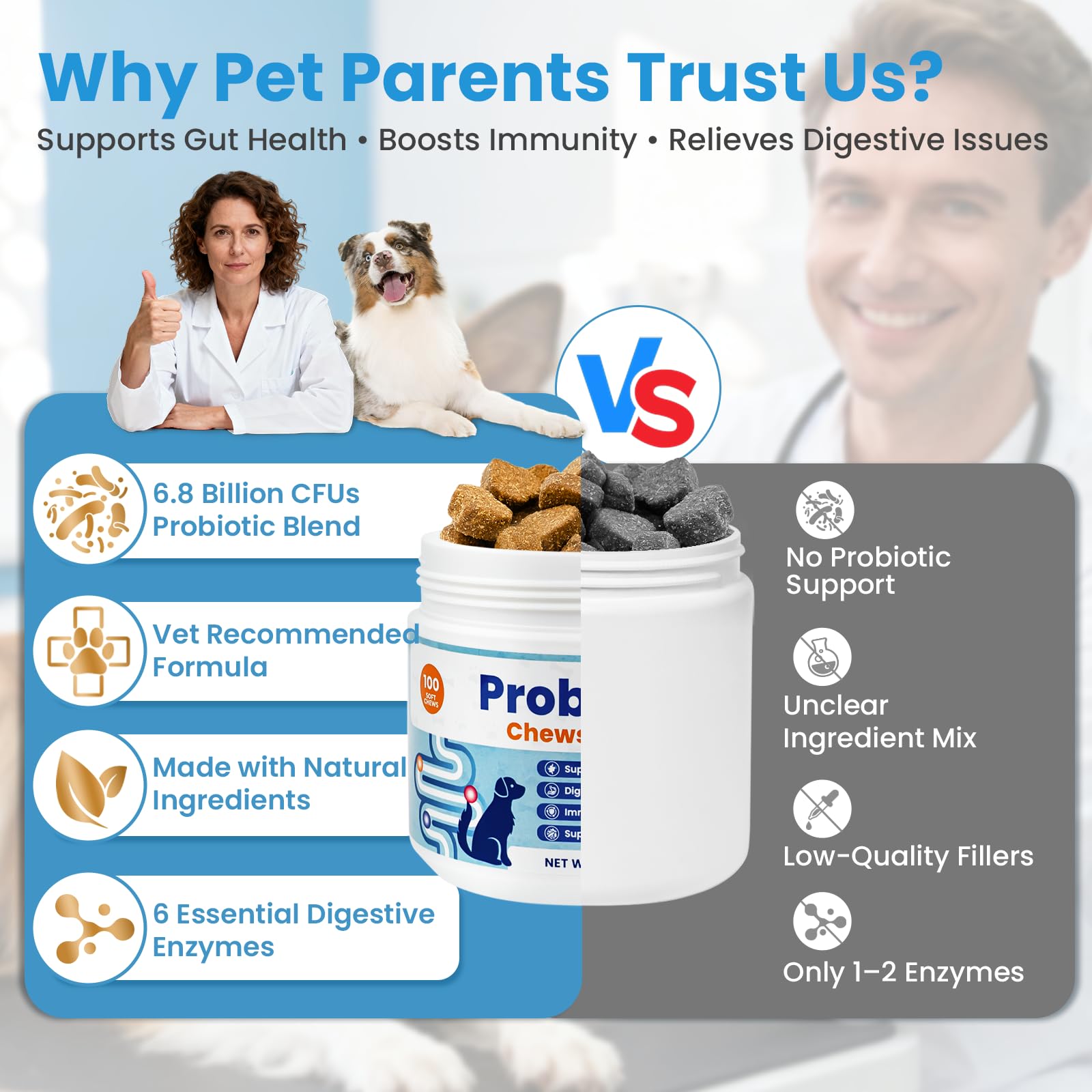 VUN Probiotics for Dogs immune-support-chews suggest improved immune balance and skin comfort.