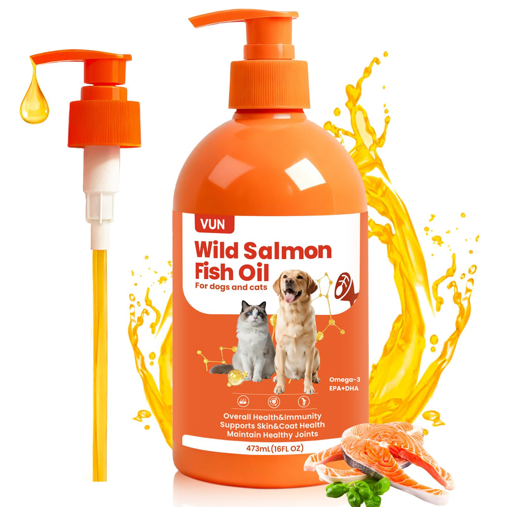 VUN Salmon Fish Oil bottle with pump for easy daily dosing in dogs and cats.