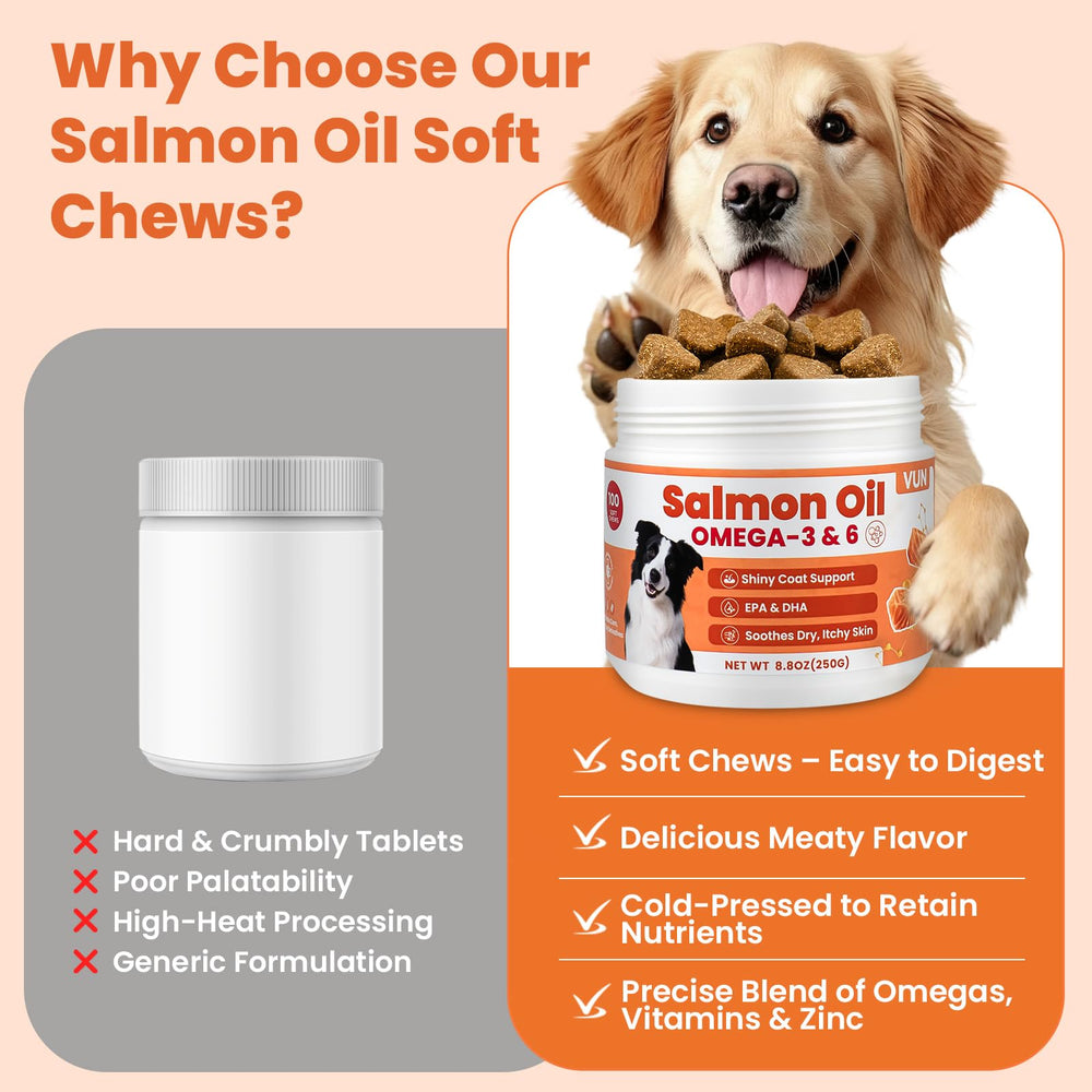 VUN Salmon flavor dog chews serving photo communicates tasty, overall health support.
