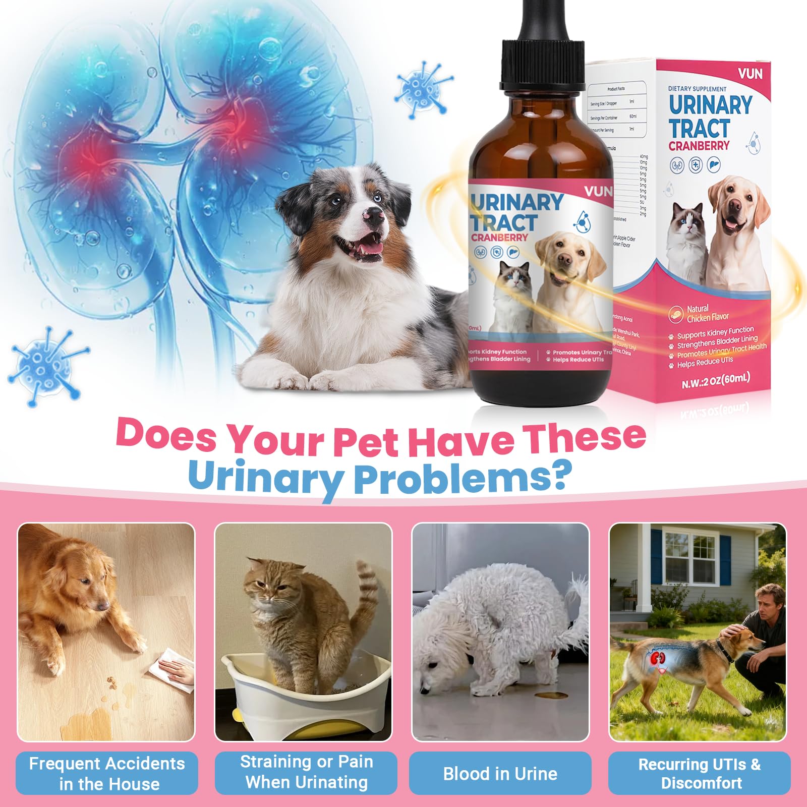 VUN uti drops shown with dropper for easy administration to cats and dogs.