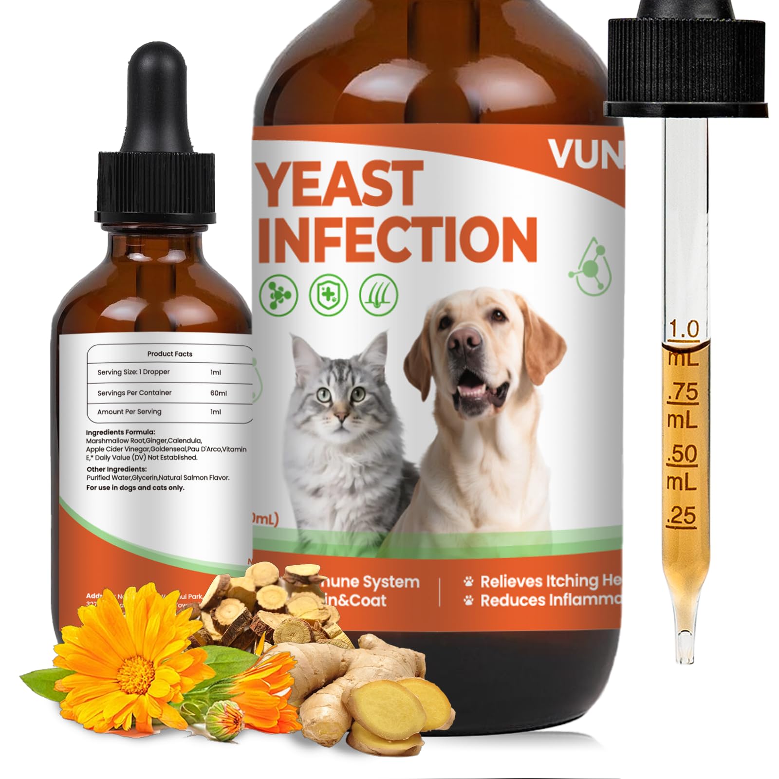 VUN Yeast Treatment drops bottle shows natural relief for itchy skin in pets.