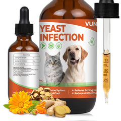 VUN Yeast Treatment drops bottle shows natural relief for itchy skin in pets.
