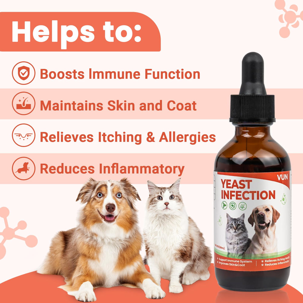 VUN Yeast Treatment drops poured into food for easy daily dosing in pets.