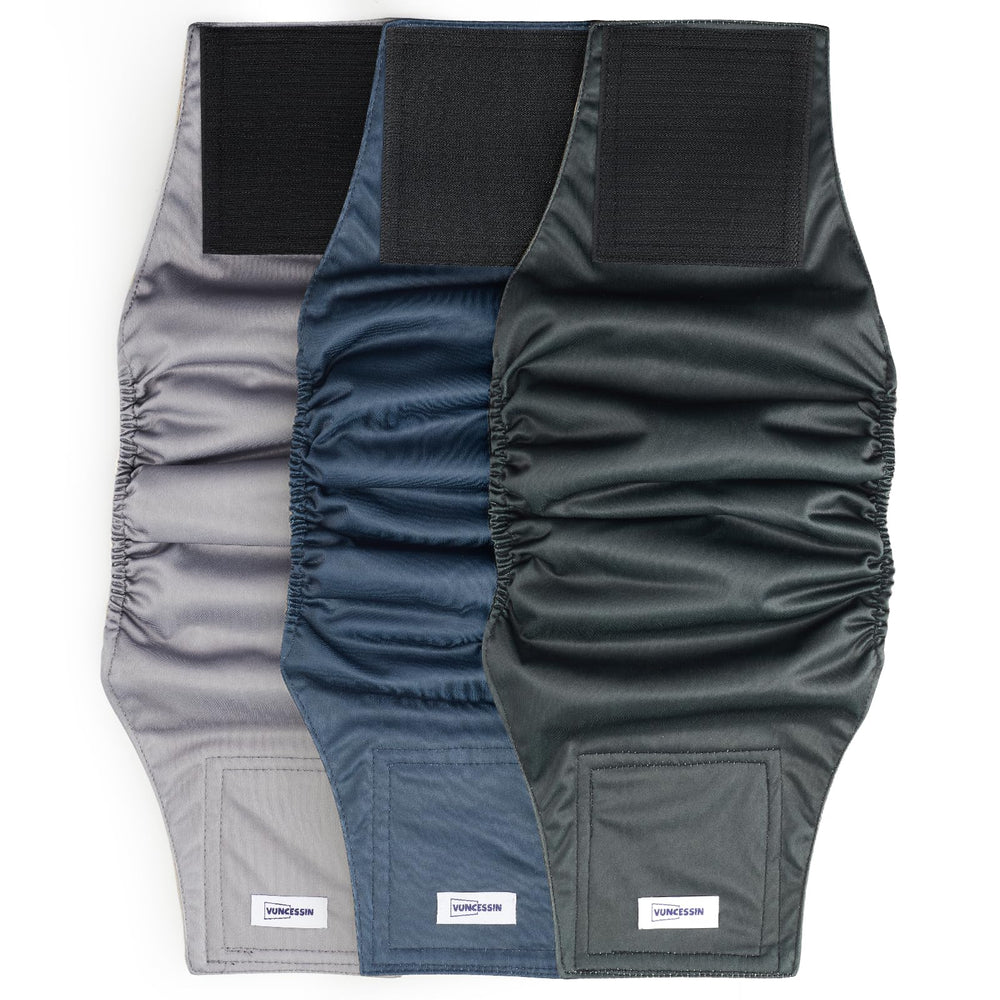 VUNCESSIN washable dog diapers pack three patterns for versatile daily wear.