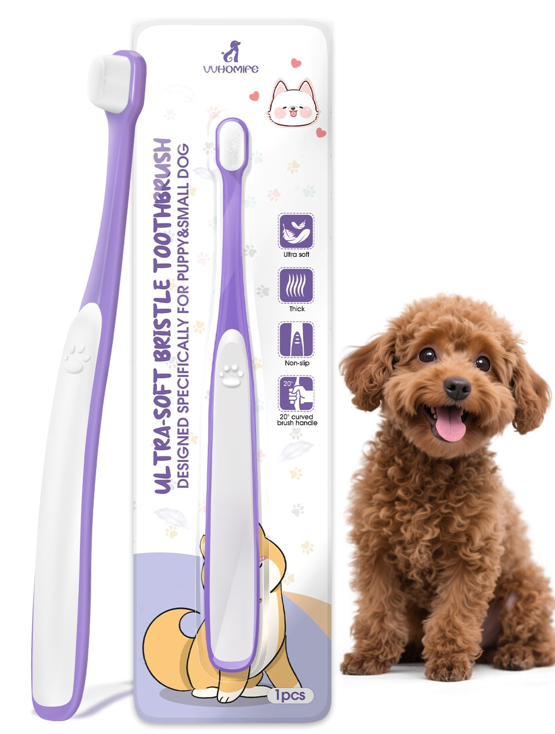 VVHOMIFE tiny dog toothbrush with a 0.39-inch head for precise cleaning in small mouths.