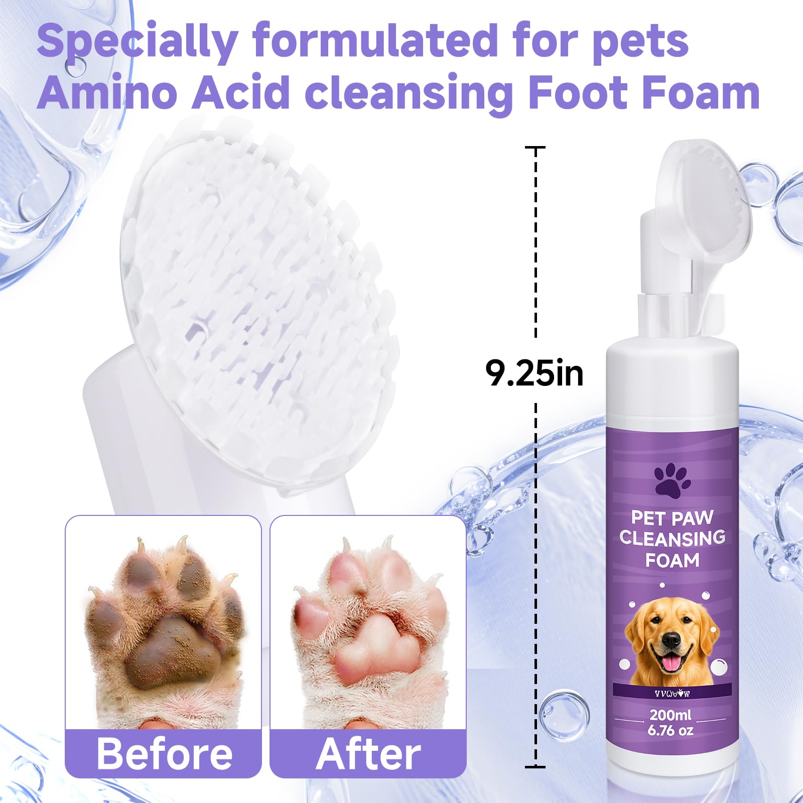 VVWVVW foaming application on paw demonstrates simplified post-walk cleansing.