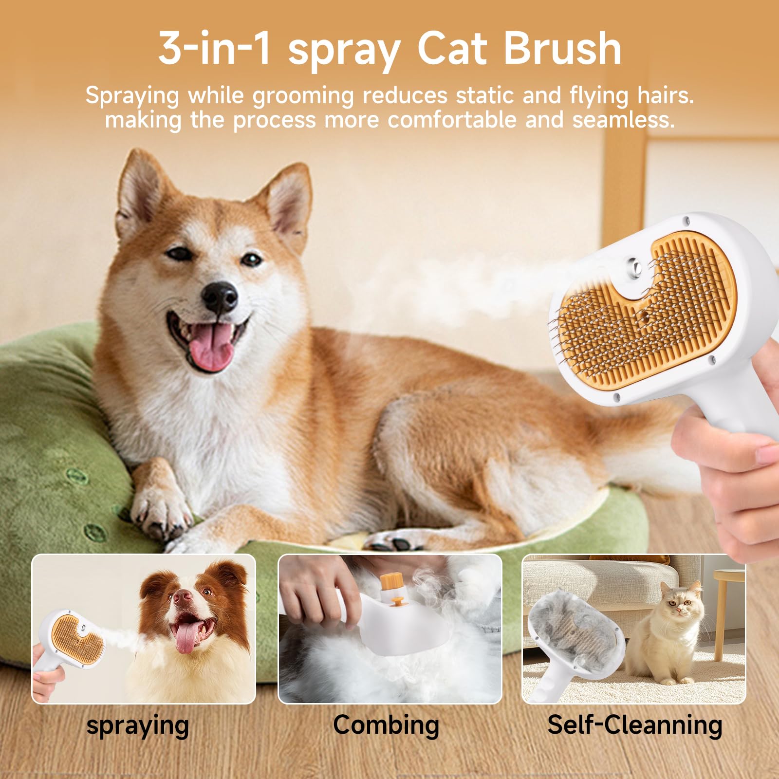 VVWVVW Pet Steam Brush easy-clean button for quick hair release.