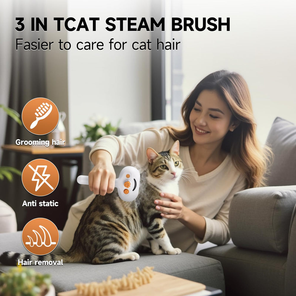 VVWVVW Pet Steam Brush easy-clean button ejects hair for mess-free cleanup