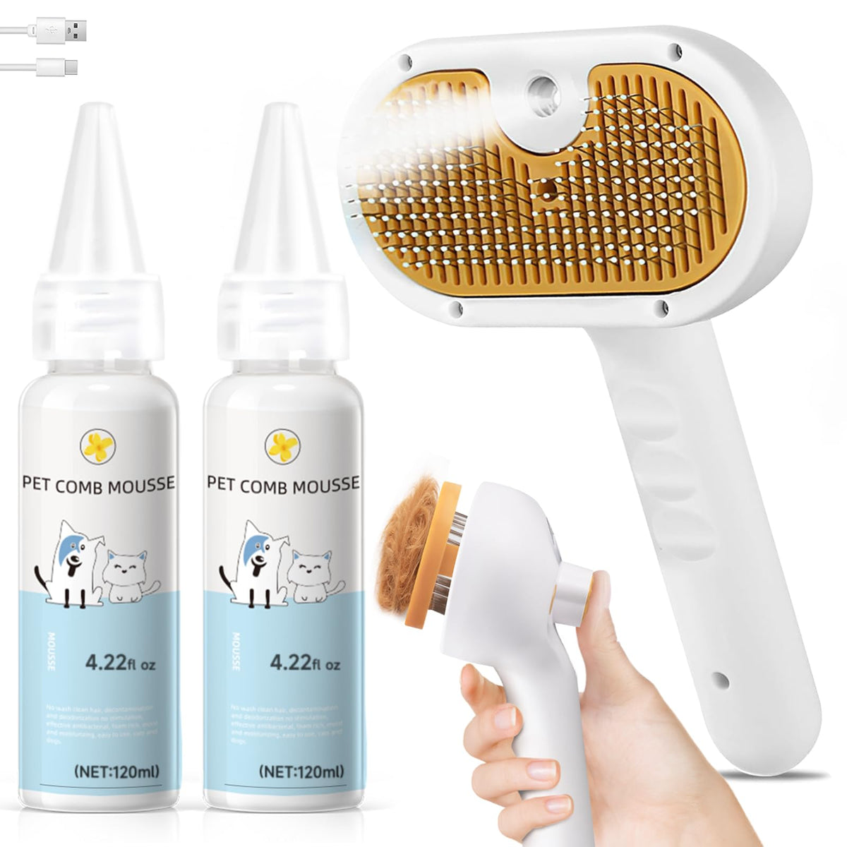 VVWVVW Pet Steam Brush front view shows compact design for easy grooming.