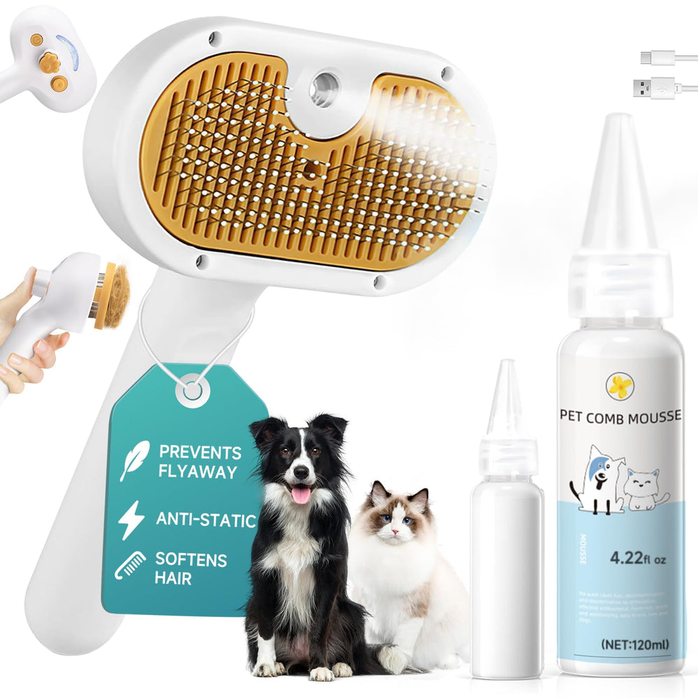 VVWVVW Pet Steam Brush front view shows compact grooming tool for quick sessions