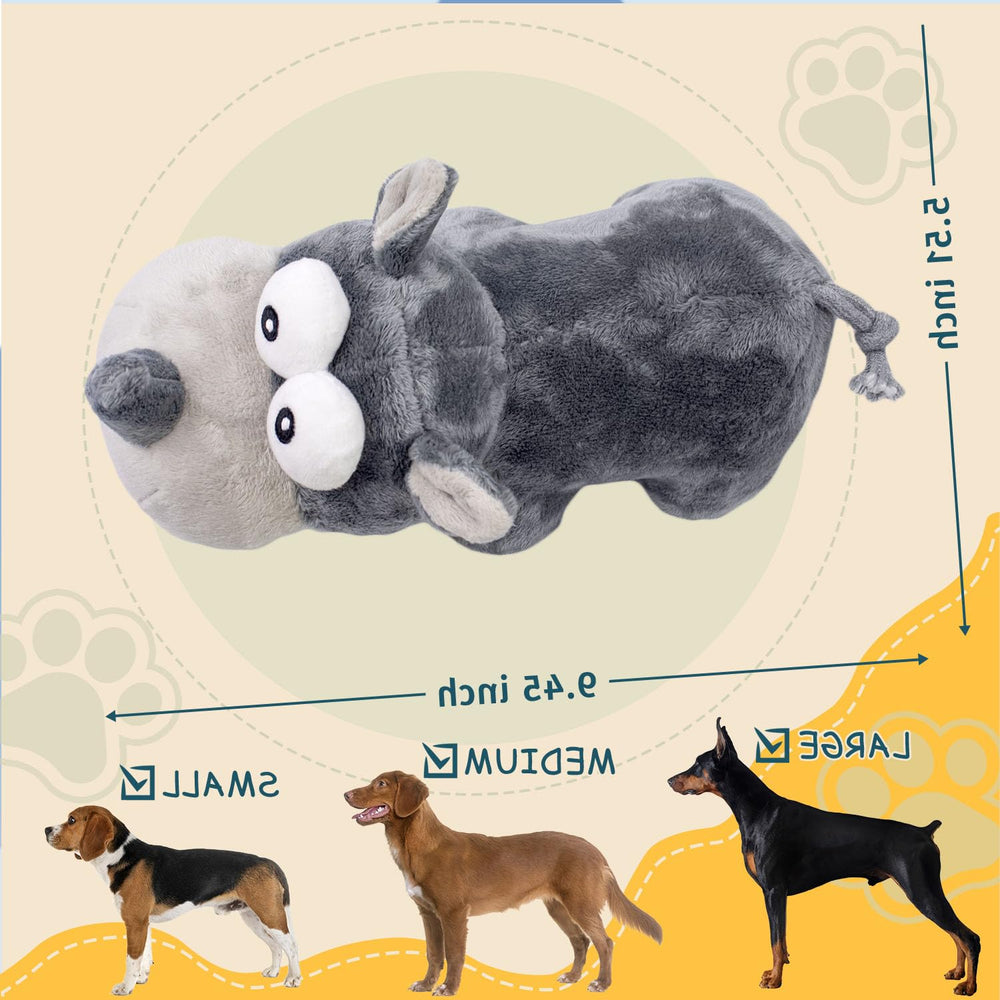 VWPTCHI Rhino squeaky toy enhances tug-of-war and engagement.