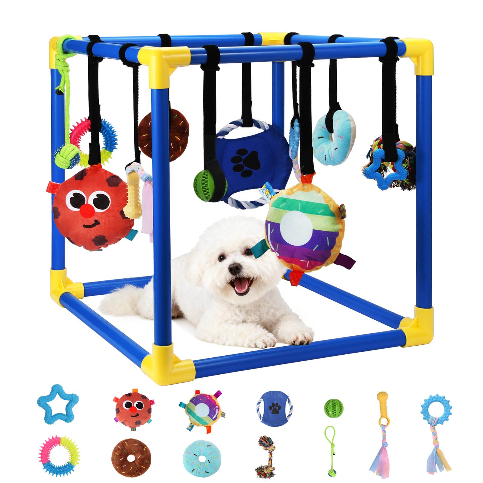 VYNALTIX Puppy Play Gym frame assembly shows tool-free setup for quick indoor enrichment