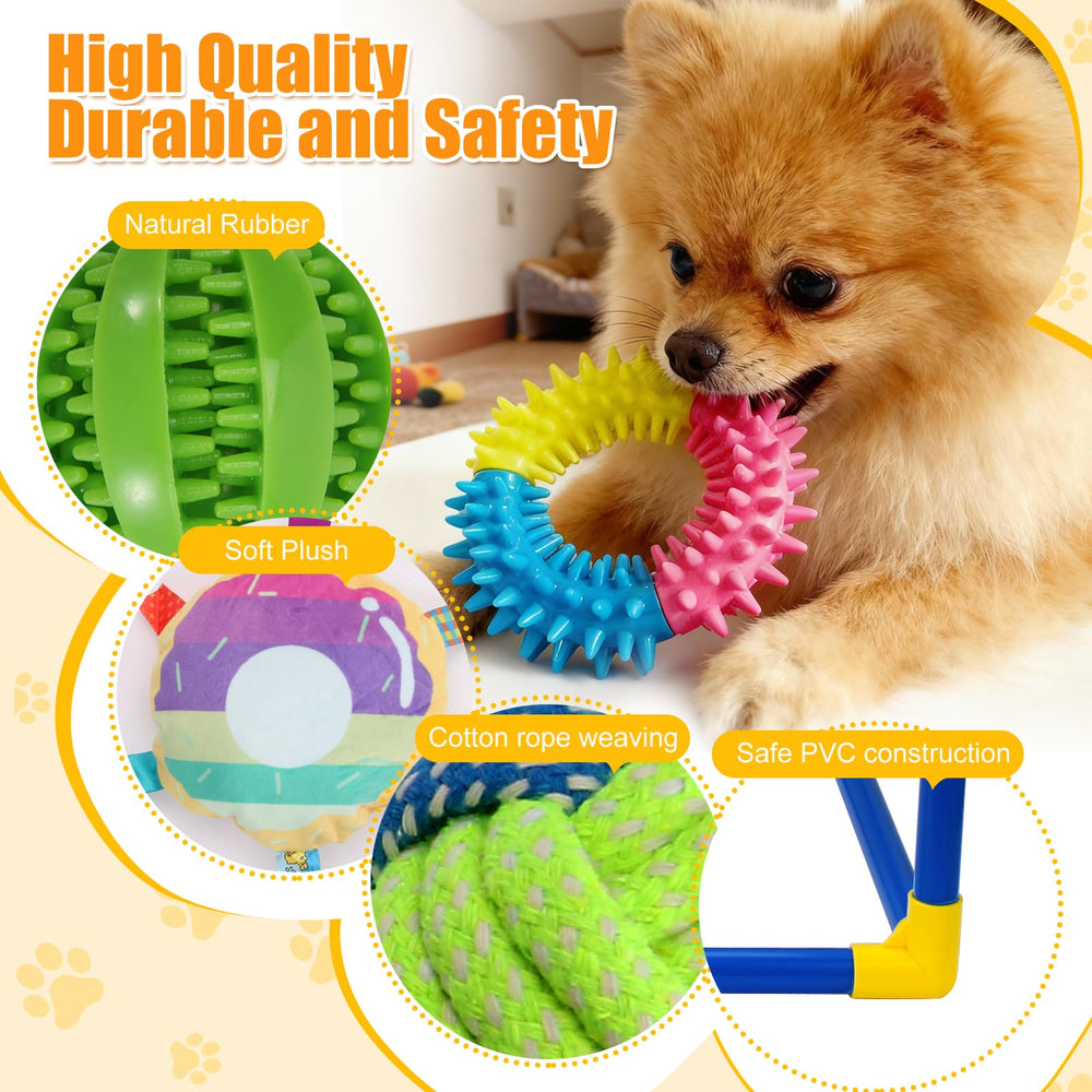 VYNALTIX Puppy Play Gym teething-toys image highlights dental-stimulating toys and safe chewing options