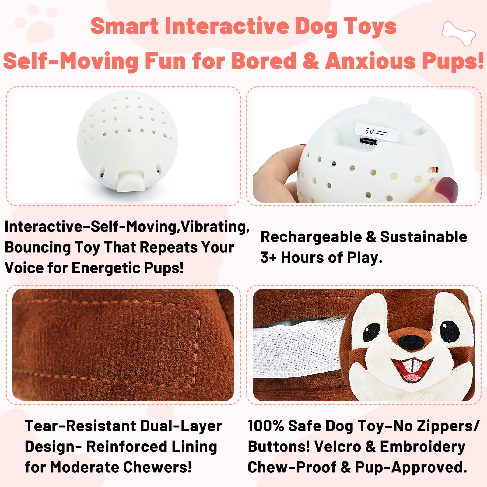 VYsTN interactive dog toy move-vibrate-sound highlights dynamic chasing and sensory stimulation for pets.