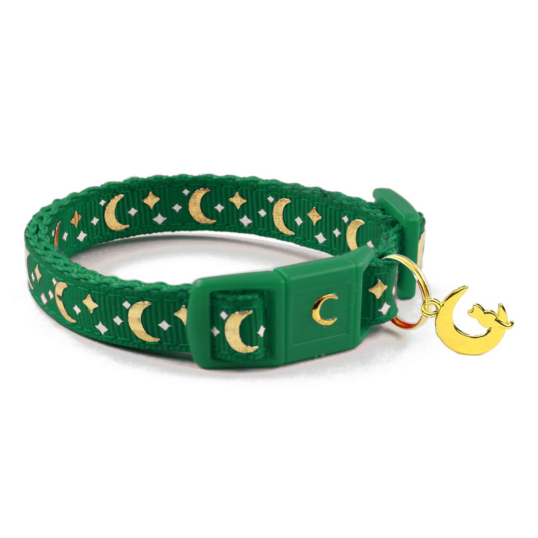 WAAAG cat collar emerald glow with gold moons and stars for stylish safety.