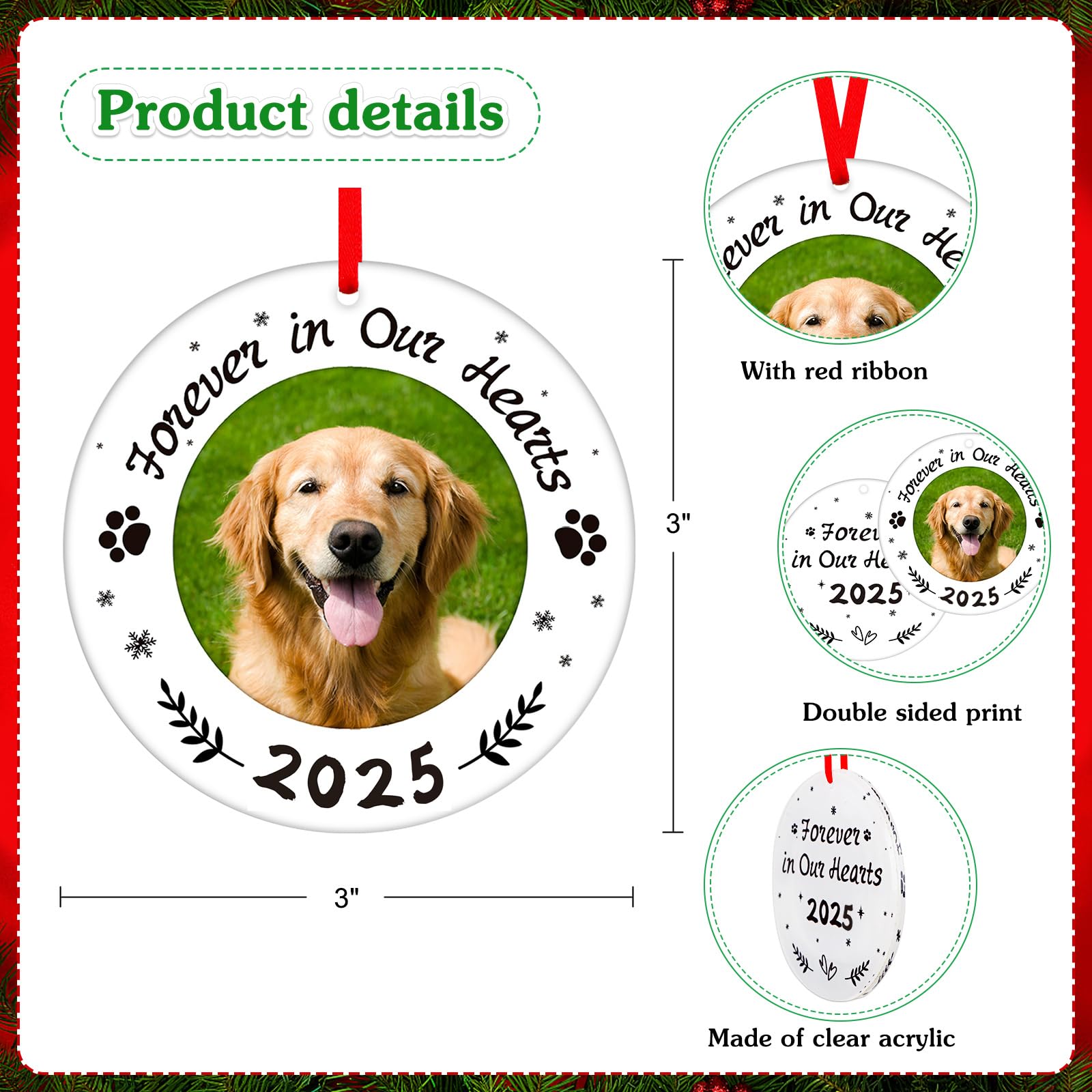 WaaHome picture-frame-dog-memorial-ornament-close-up-text shows durable acrylic with double-sided print