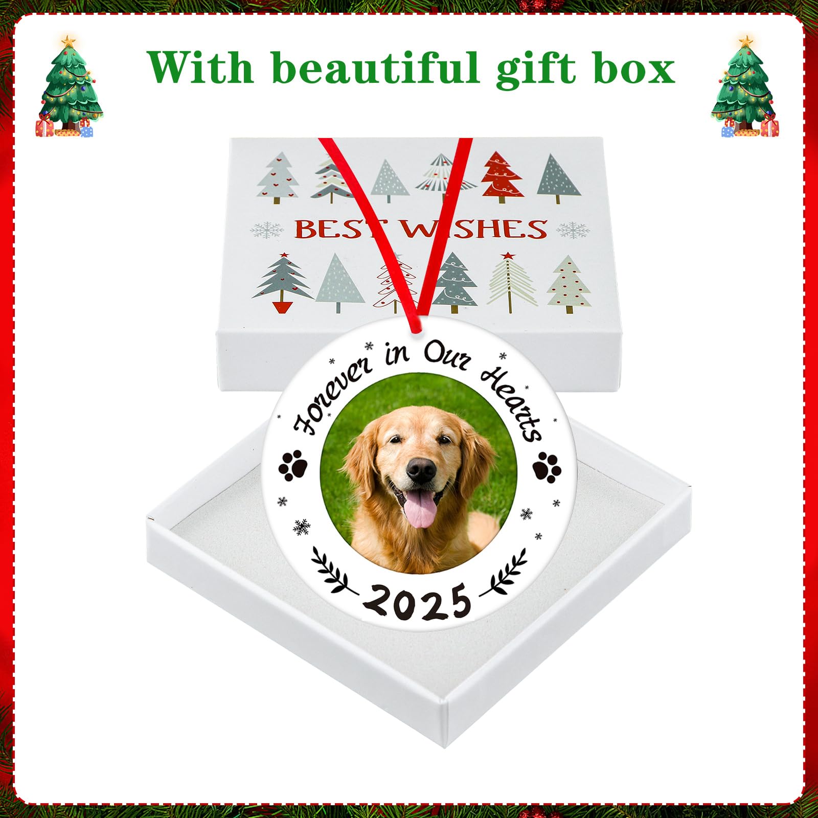 WaaHome picture-frame-dog-memorial-ornament-red-ribbon-hanging easy to display during holidays and remembrance