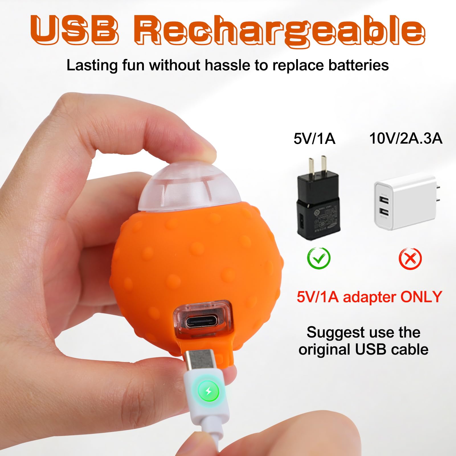 Waaiio cat toy ball charging via USB keeps sessions ready for action.