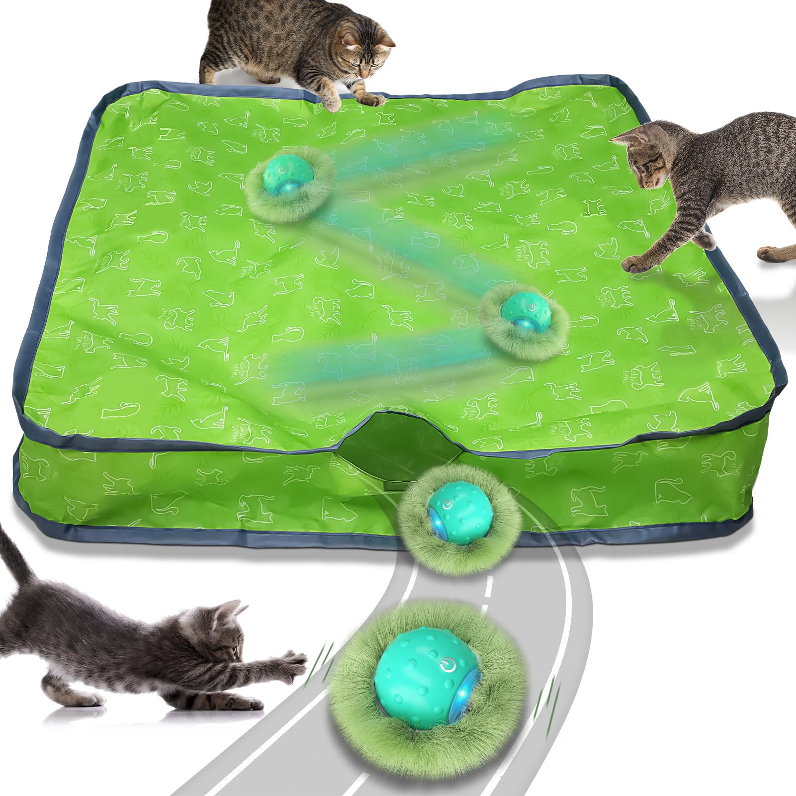 Waaiio interactive cat toy ball in pouch showing hidden-chase action for indoor cats