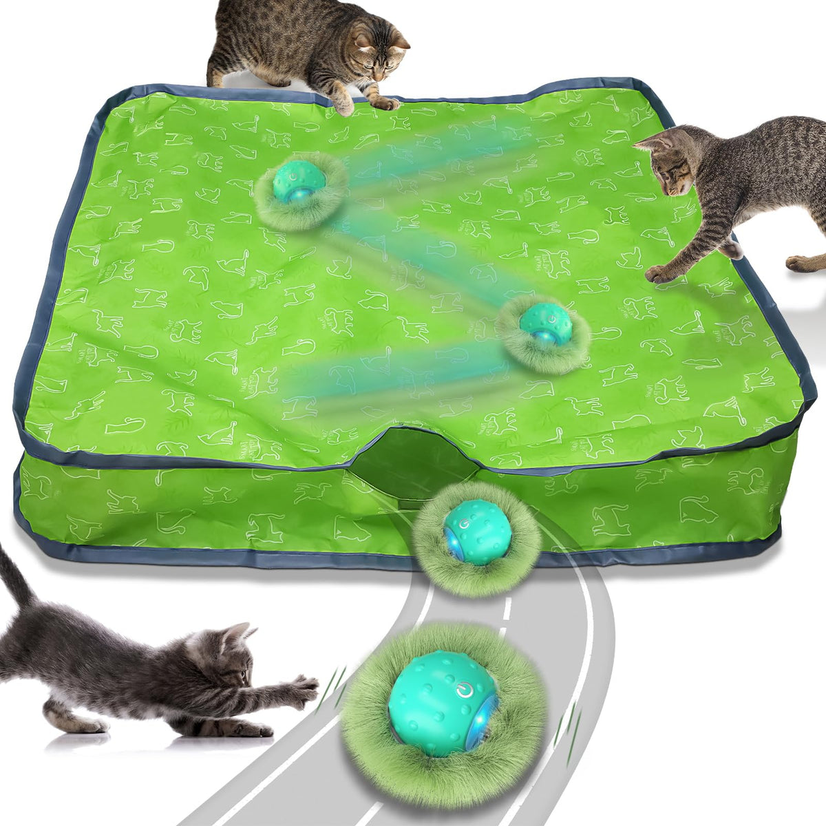 Waaiio interactive cat toy ball in pouch showing hidden-chase action for indoor cats