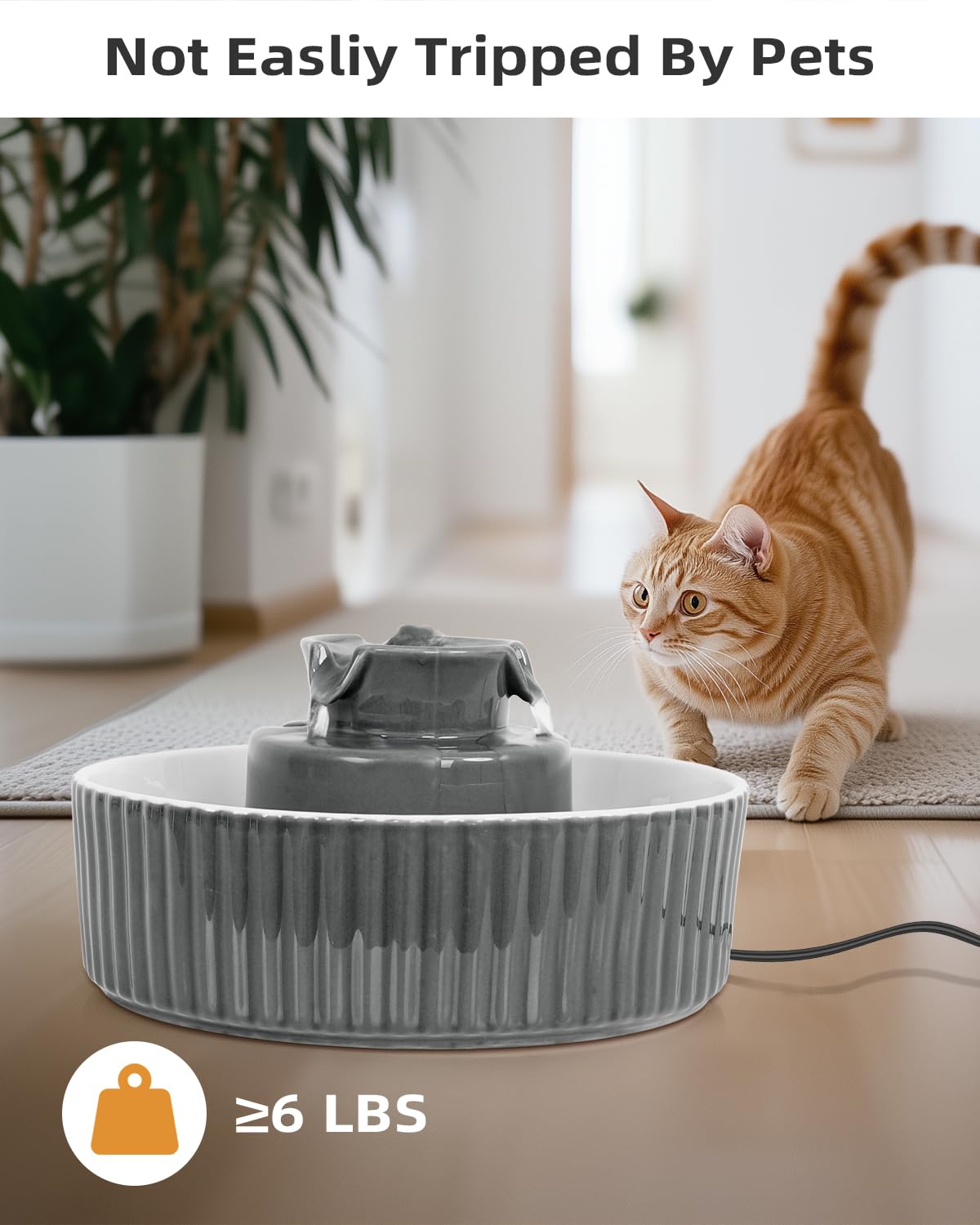 Waatoos Ceramic Water Fountain side view highlights easy cleaning with smooth surface.