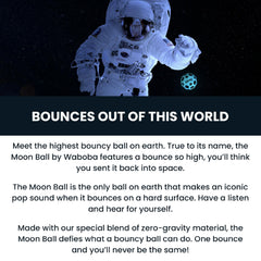 Waboba Moon Ball Original cobalt bounce close-up showing crater design for unpredictable bounces.