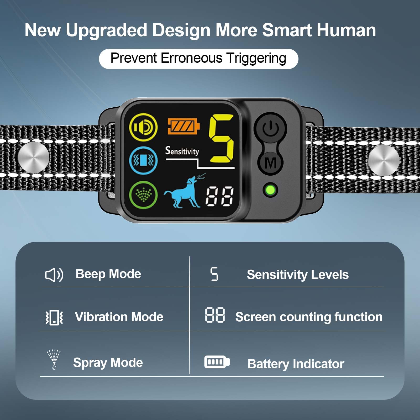 Wacnem Citronella Bark Collar side controls illustrate five sensitivity levels