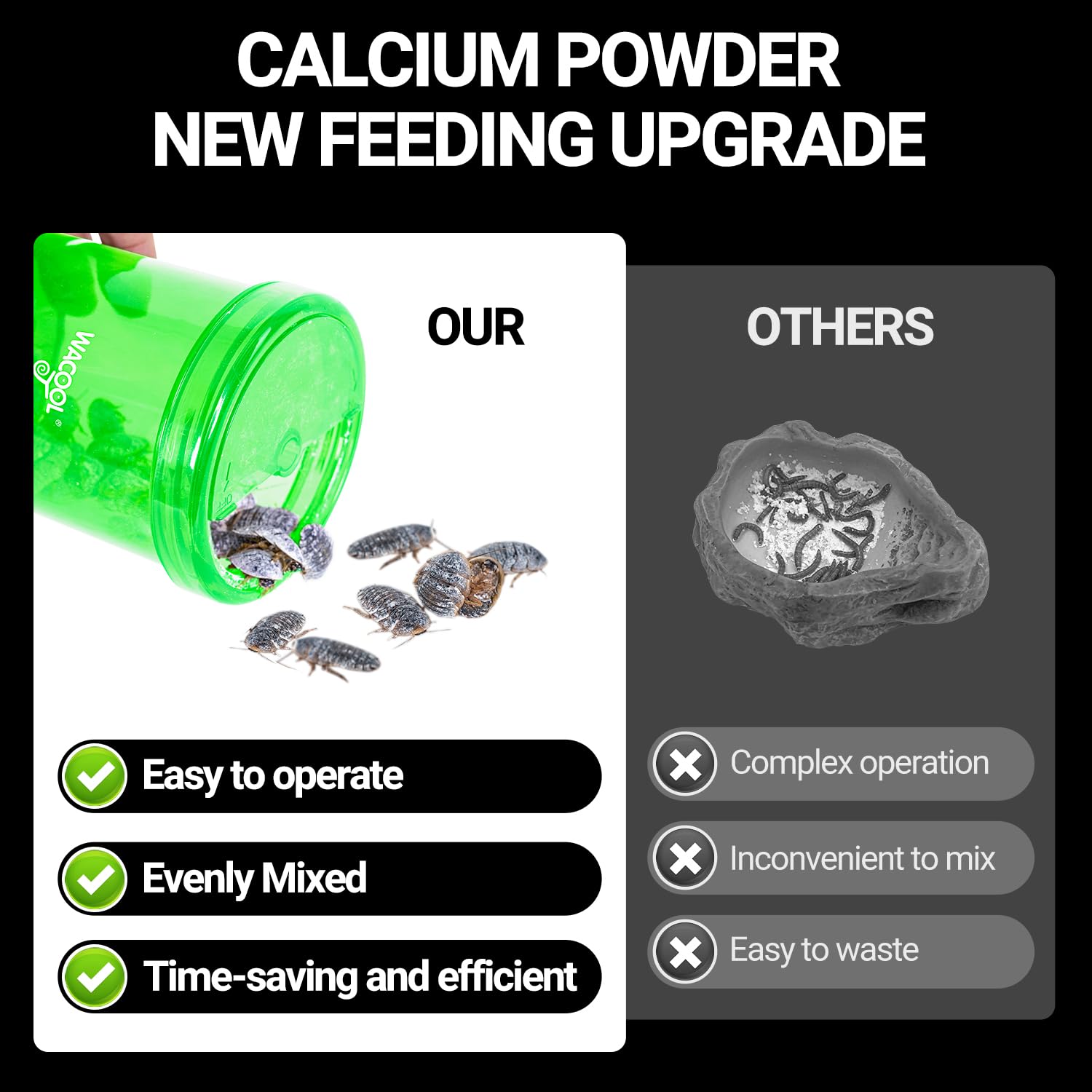 WACOOL TERRA cricket calcium mixer bottom storage highlights reduced powder waste.
