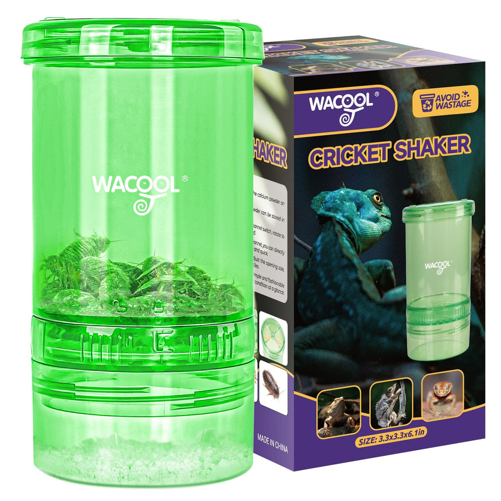 WACOOL TERRA cricket calcium mixer setup shows quick, even coating for balanced nutrition.