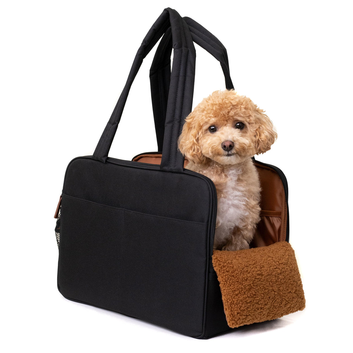 Wagfur Black Dog Purse Carrier front view highlights stylish faux leather exterior and secure space.