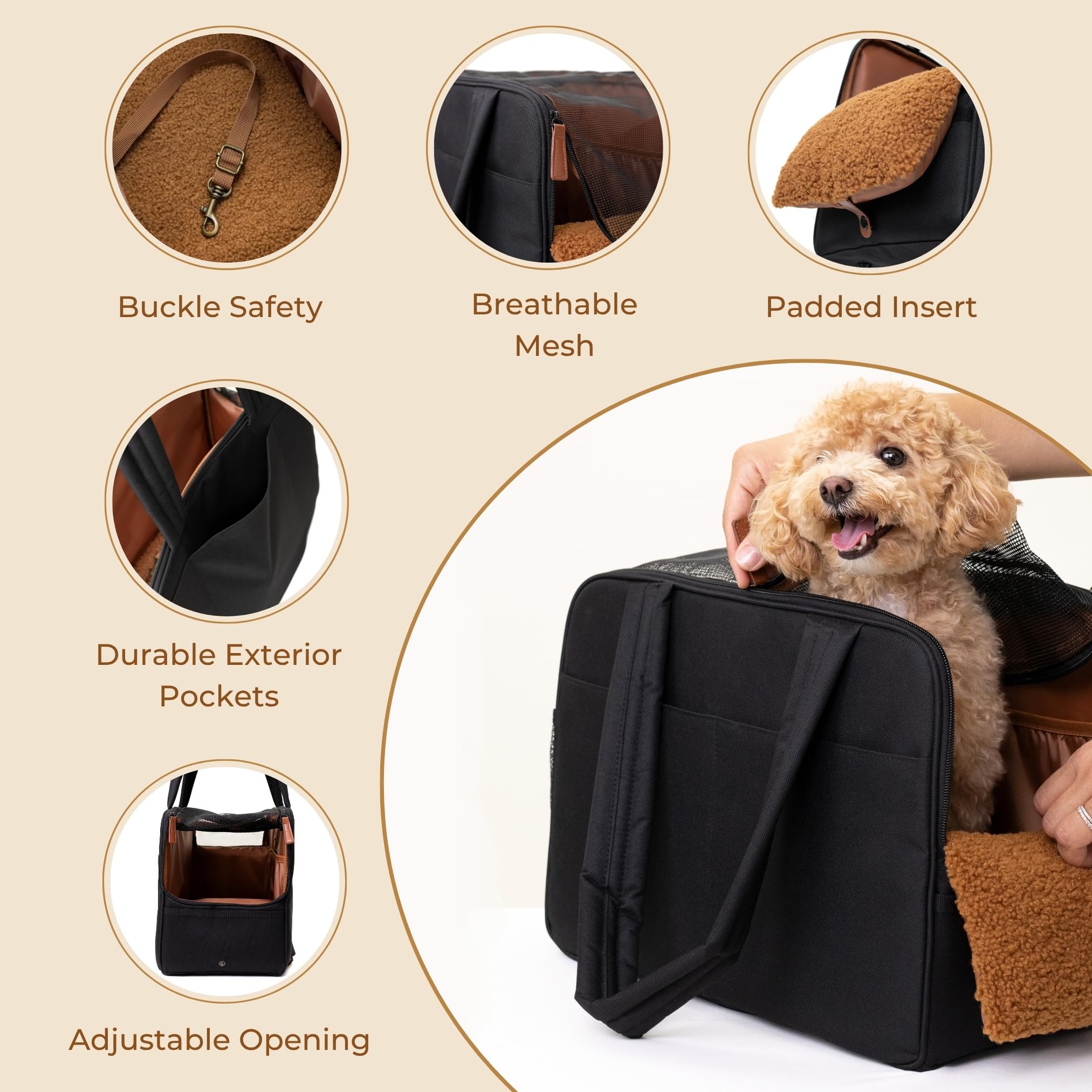 Wagfur Black Dog Purse Carrier top view shows breathable mesh for ventilation.