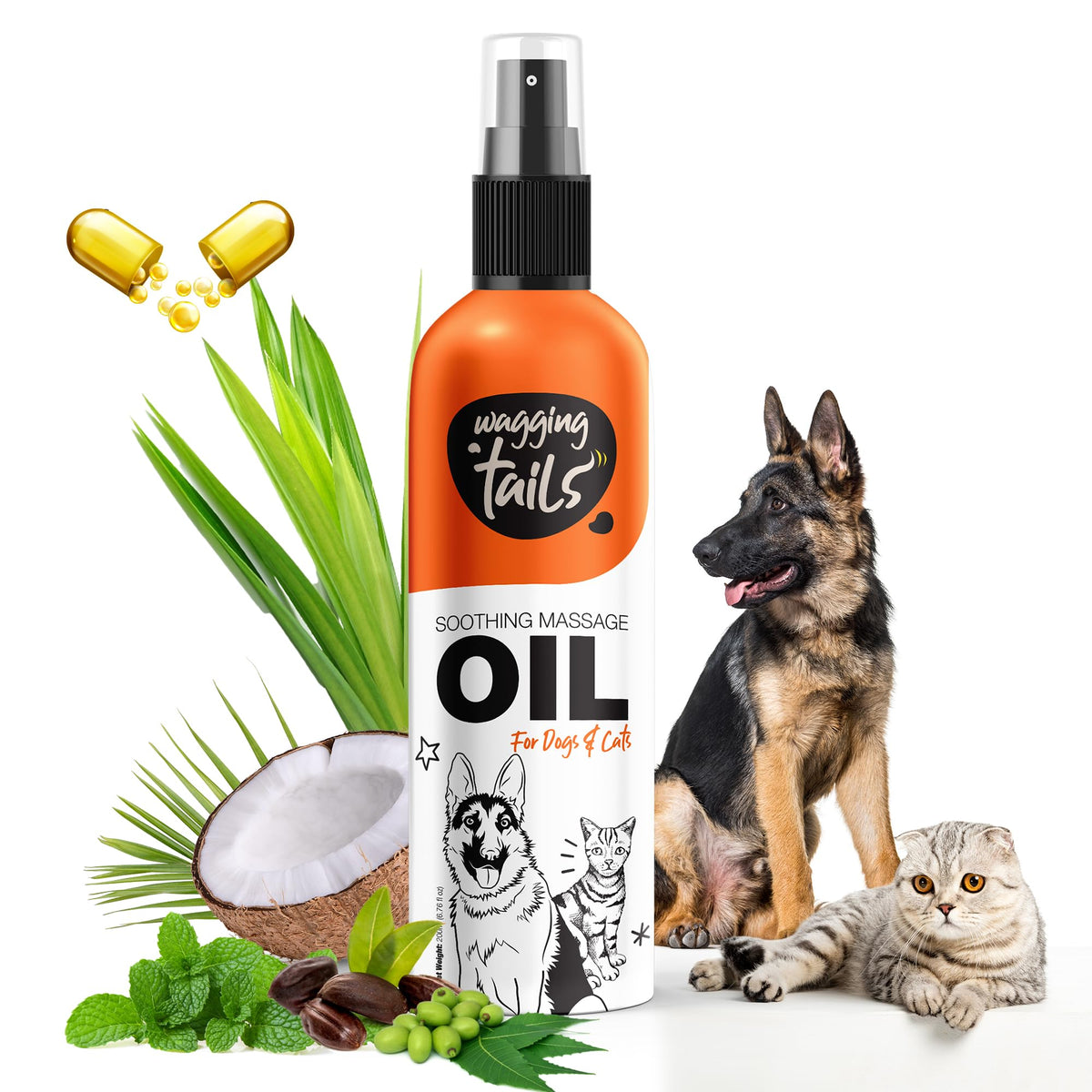 Wagging Tails Soothing Oil bottle pour demonstrates easy coat hydration.