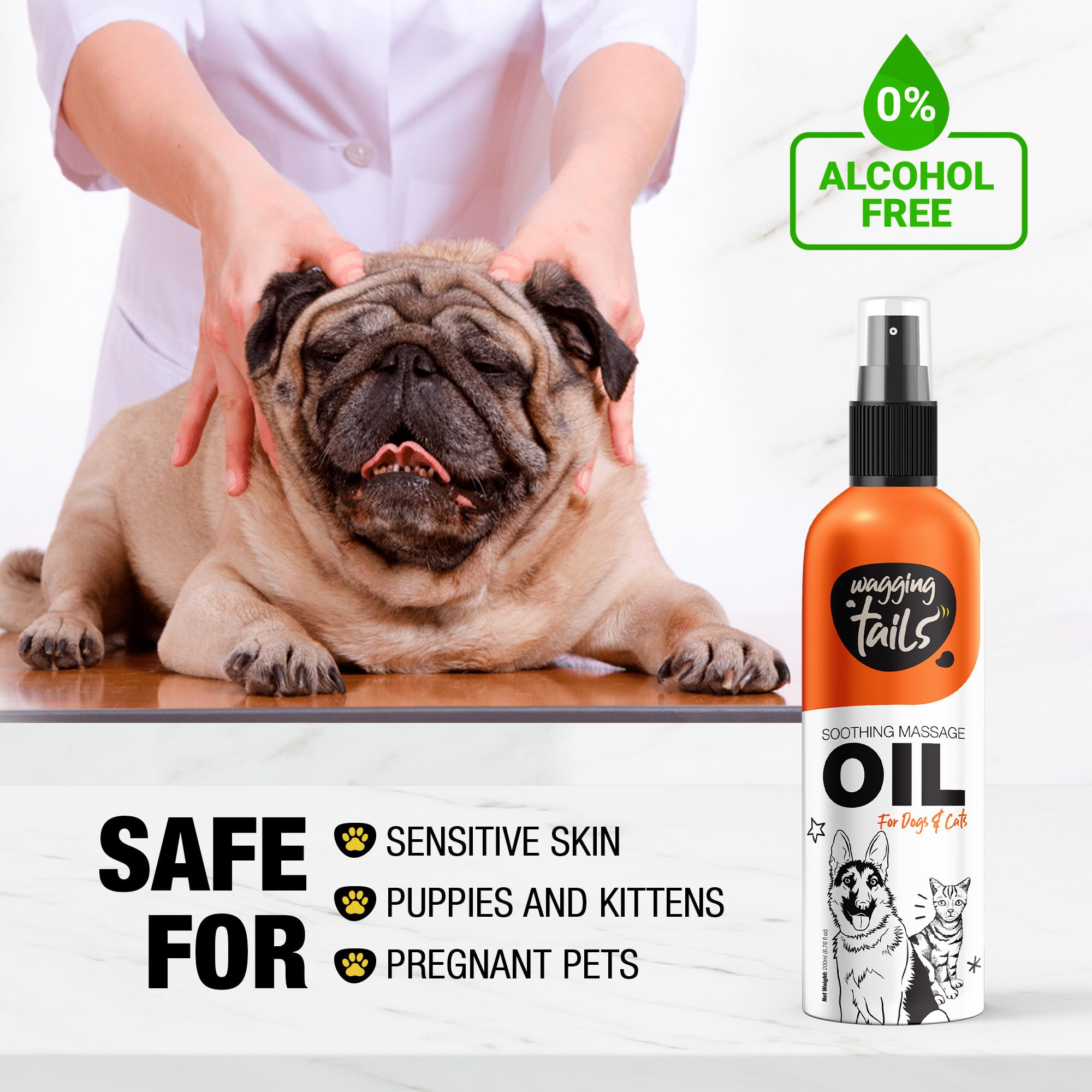 Wagging Tails Soothing Oil bottle and ingredients highlight skin nourishment.