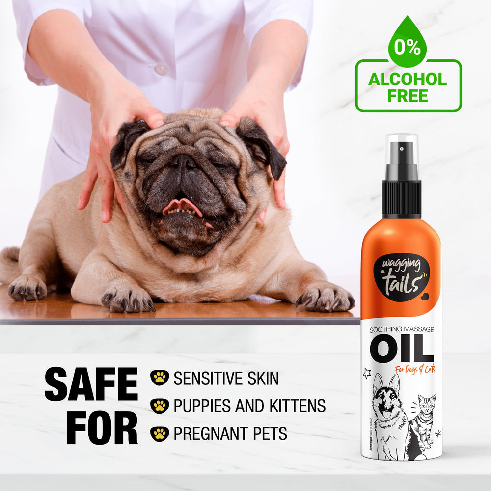 Wagging Tails Soothing Oil bottle and ingredients highlight skin nourishment.