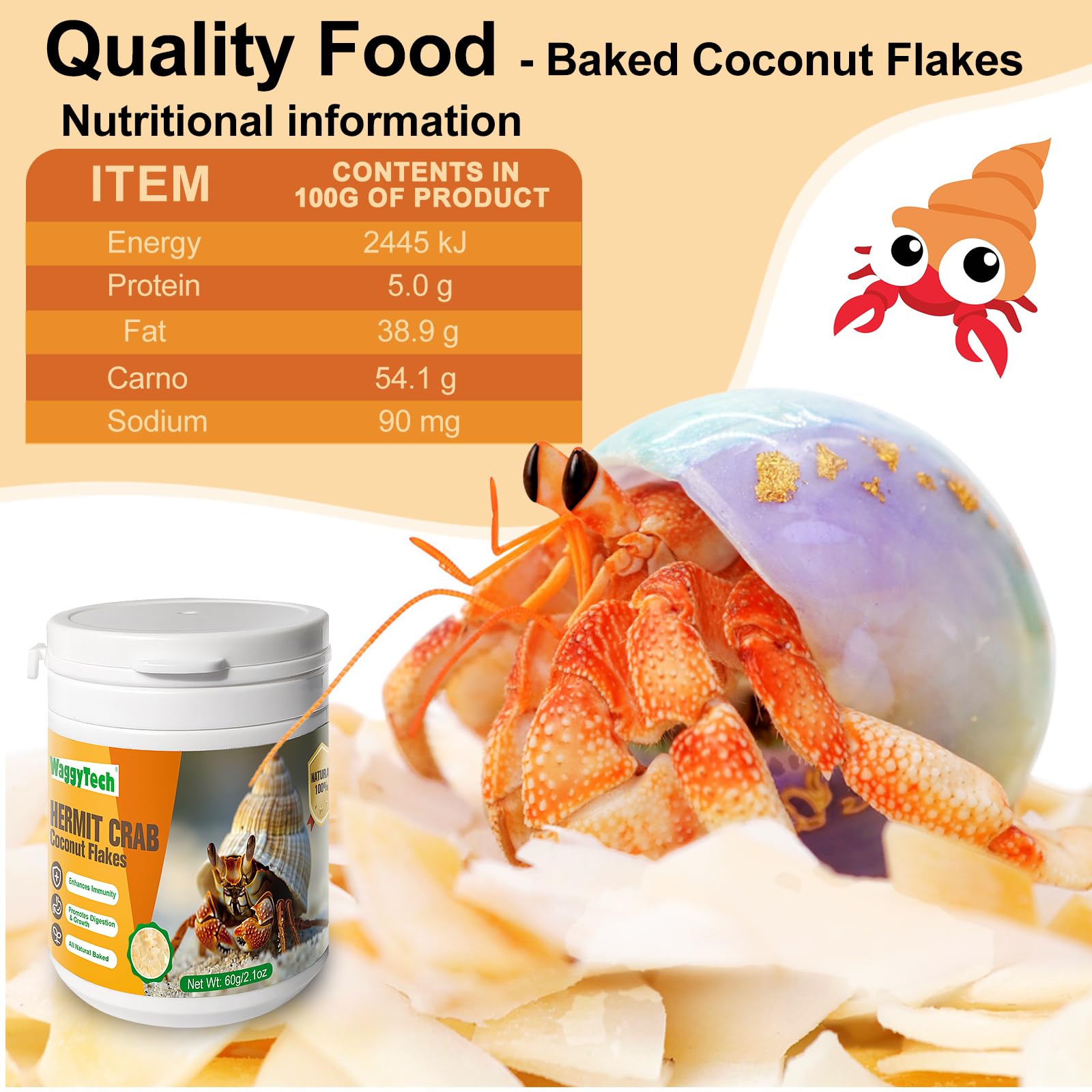 WaggyTech Hermit Crab Food coconut flakes close-up highlights natural texture for easy consumption.