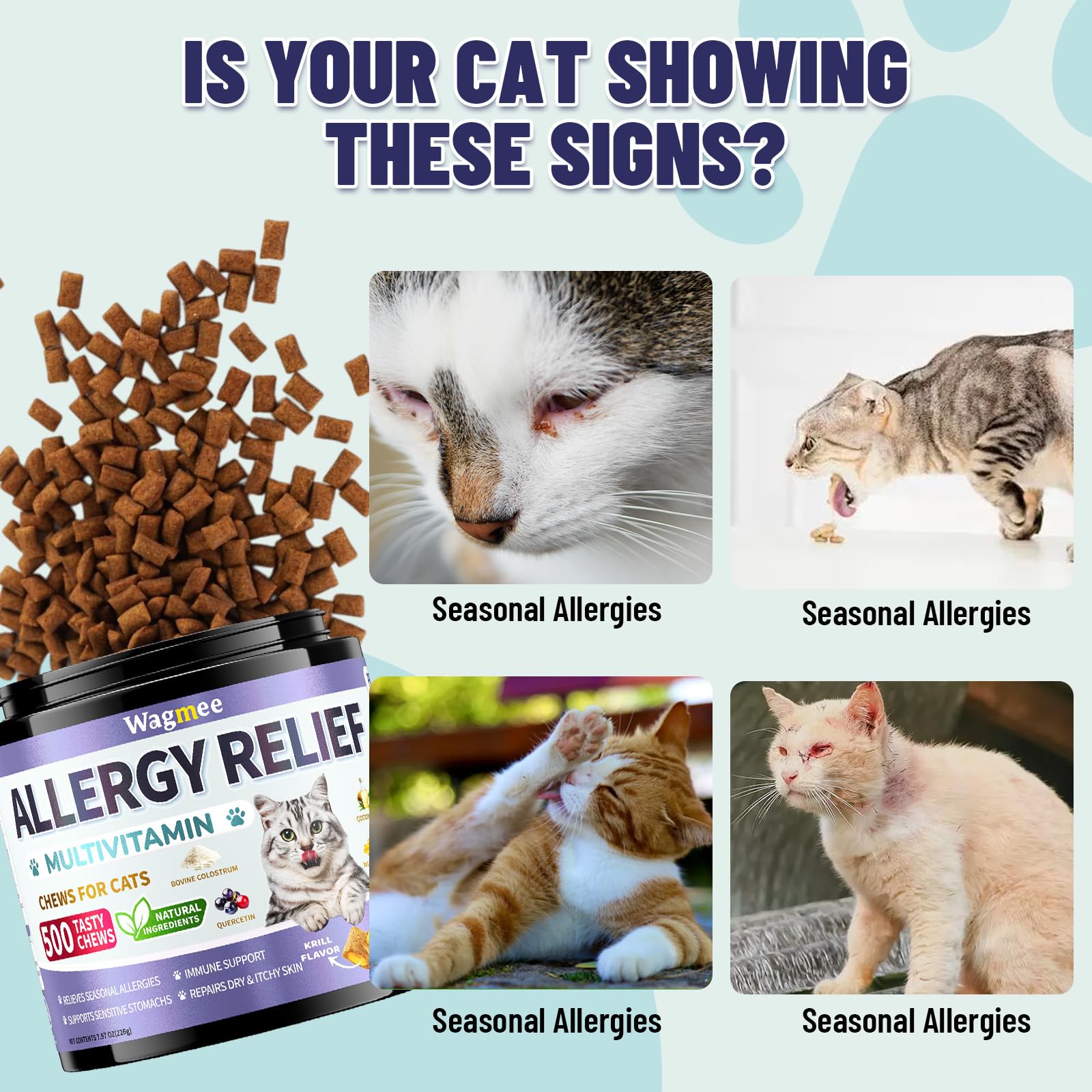 Wagmee Cat Allergy Relief Chews tin label highlights probiotic blend and omega-3 for skin health