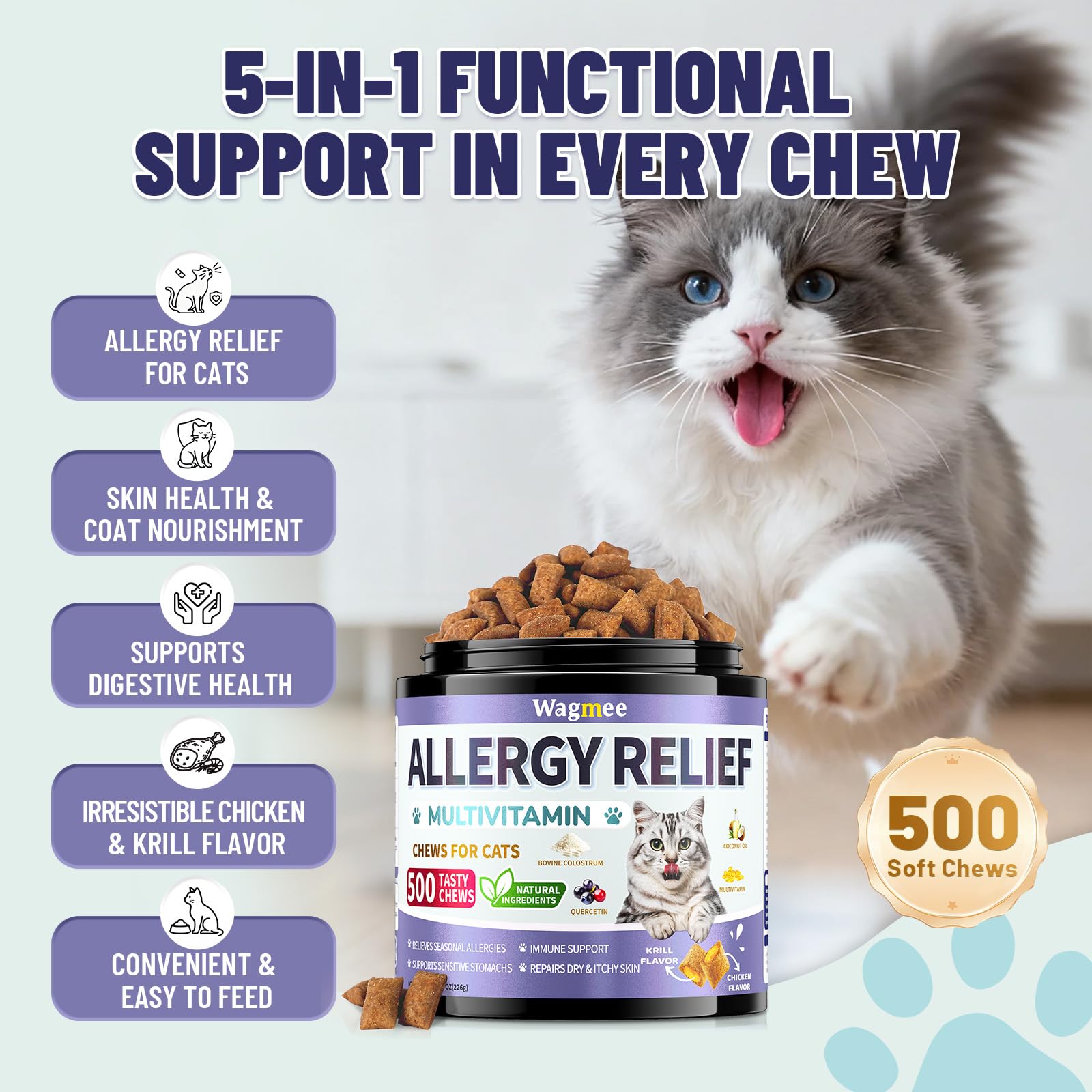 Wagmee Cat Allergy Relief Chews lid-closeup shows chicken-krill flavor for picky cats