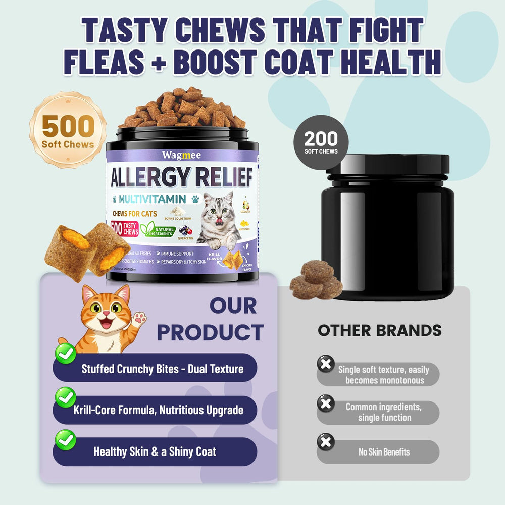 Wagmee Cat Allergy Relief Chews omega-3 supplement shot sits beside fish oil bottle