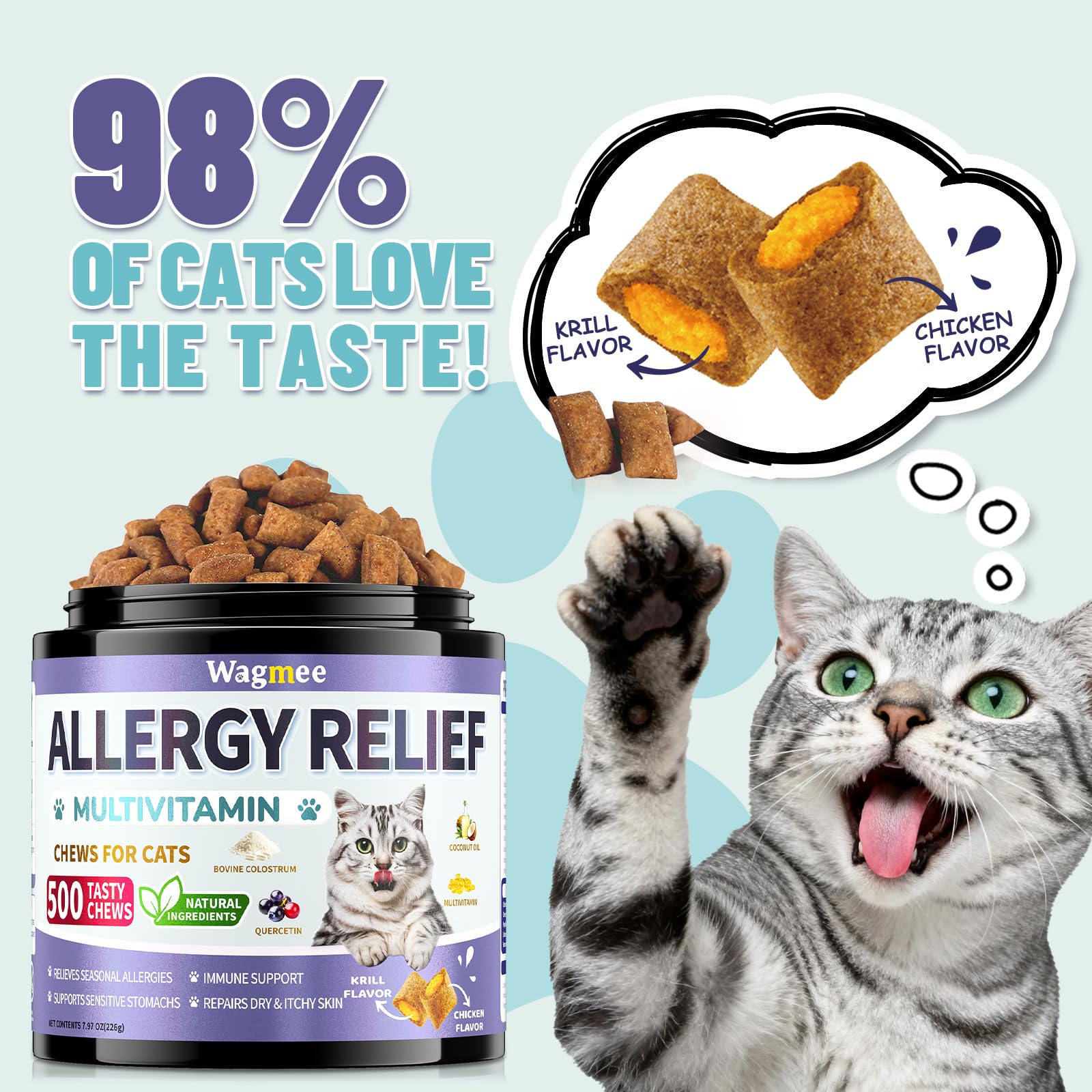 Wagmee Cat Allergy Relief Chews treat bowl scene indicates tasty daily itch relief