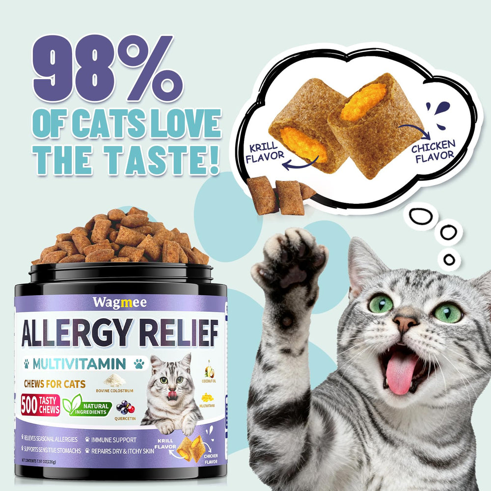 Wagmee Cat Allergy Relief Chews treat bowl scene indicates tasty daily itch relief