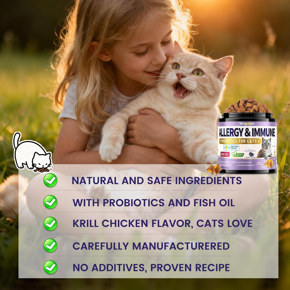 Wagmee Cat Allergy Relief simple dosing guide aids daily administration.