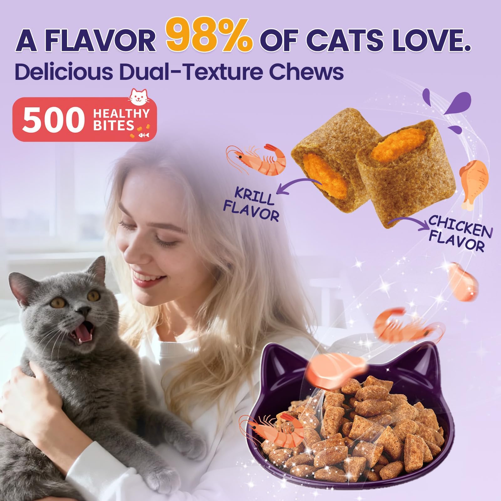 Wagmee Cat Allergy Relief crunchy shell with creamy center tempts cats during daily treats.