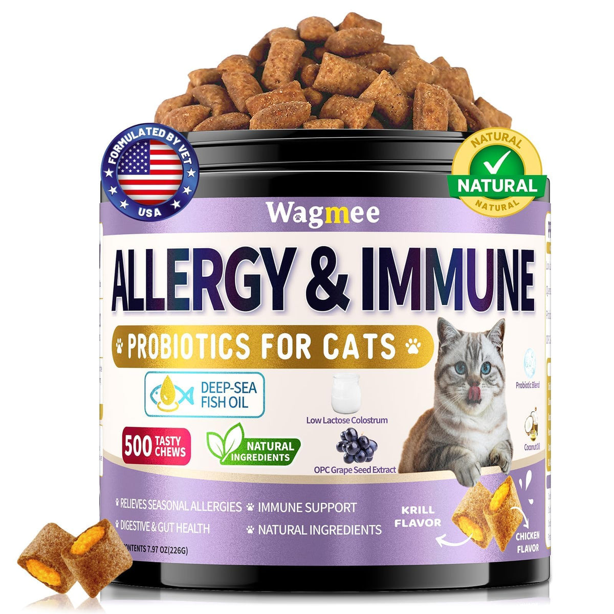 Wagmee Cat Allergy Relief packaging image highlights easy daily dosing for busy households.