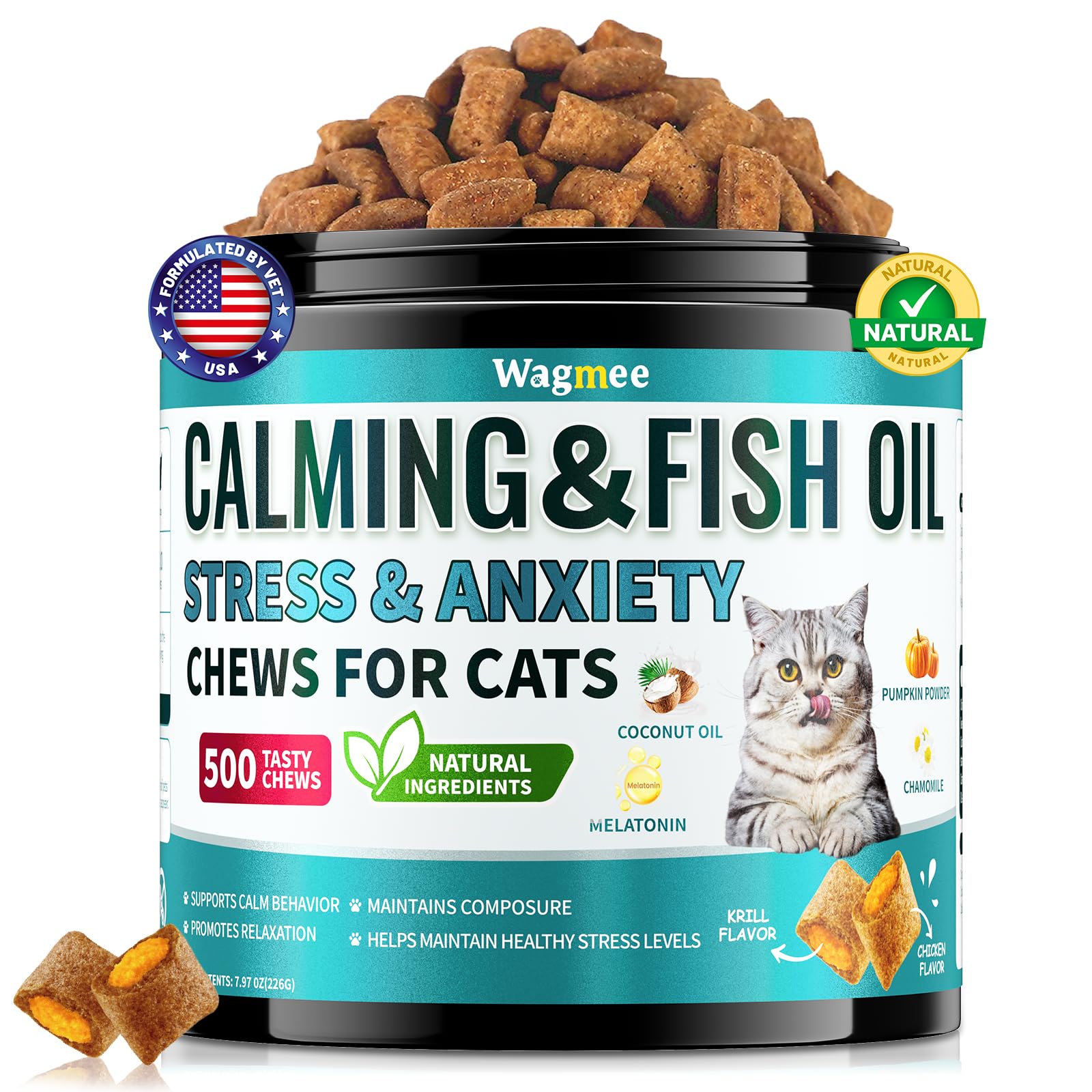 Wagmee Cat Calming Treats front jar highlighting packaging for stress relief