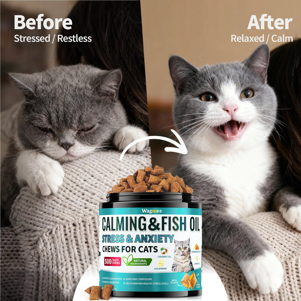 Wagmee Cat Calming Treats long-lasting value label highlights 500 chews