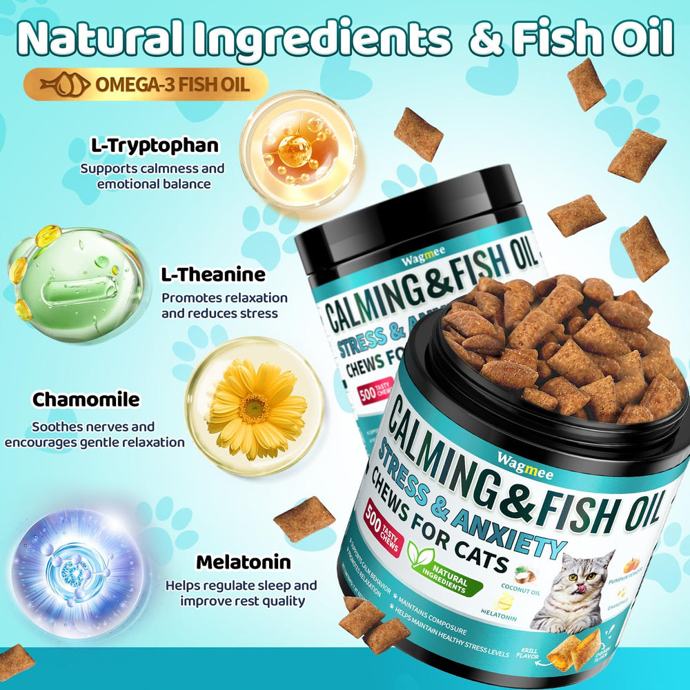 Wagmee Cat Calming Treats melatonin chamomile ingredients close-up suggests soothing moments